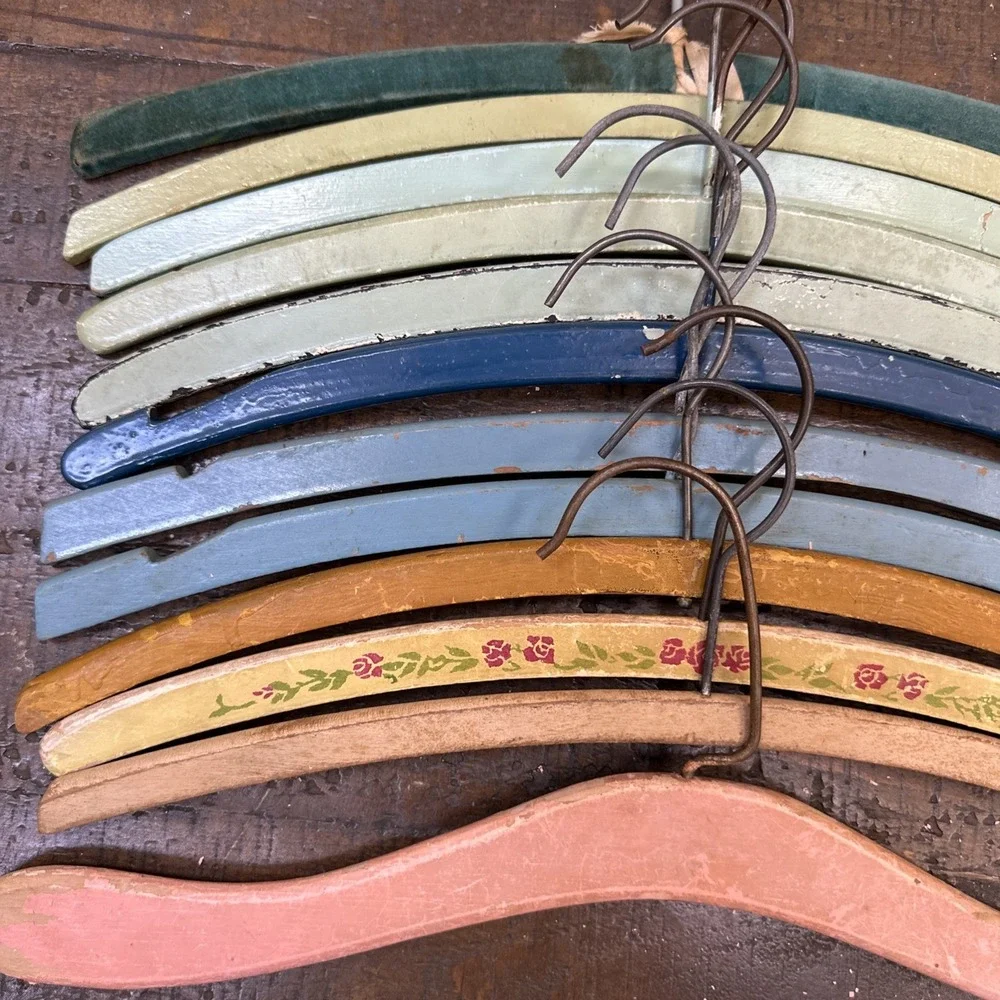 Vintage Painted Wooden Hangers Lot 12 Cottagecore Floral Velvet Shabby Chic